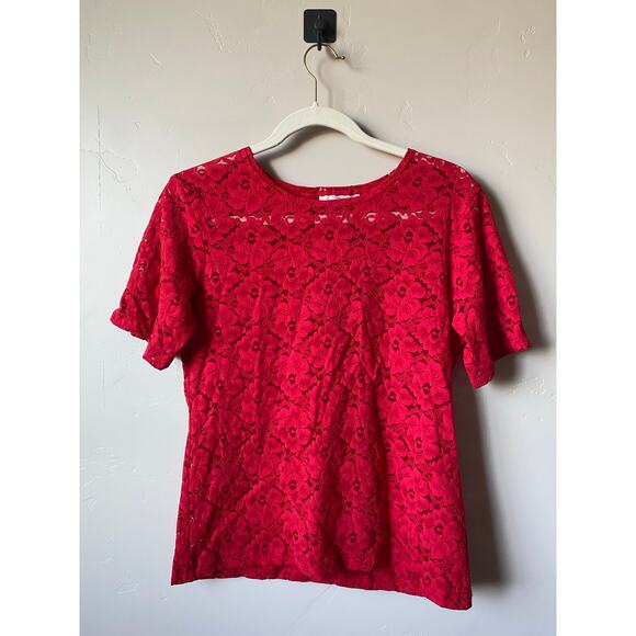 VTG Anna Kriste Red Short Sleeved See Through Floral Lace Top- Size XL - Picture 2 of 4